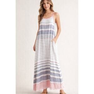 Lula Soul Sleeveless Striped Fringe Hem Cotton Maxi Dress White Blue Pink Large